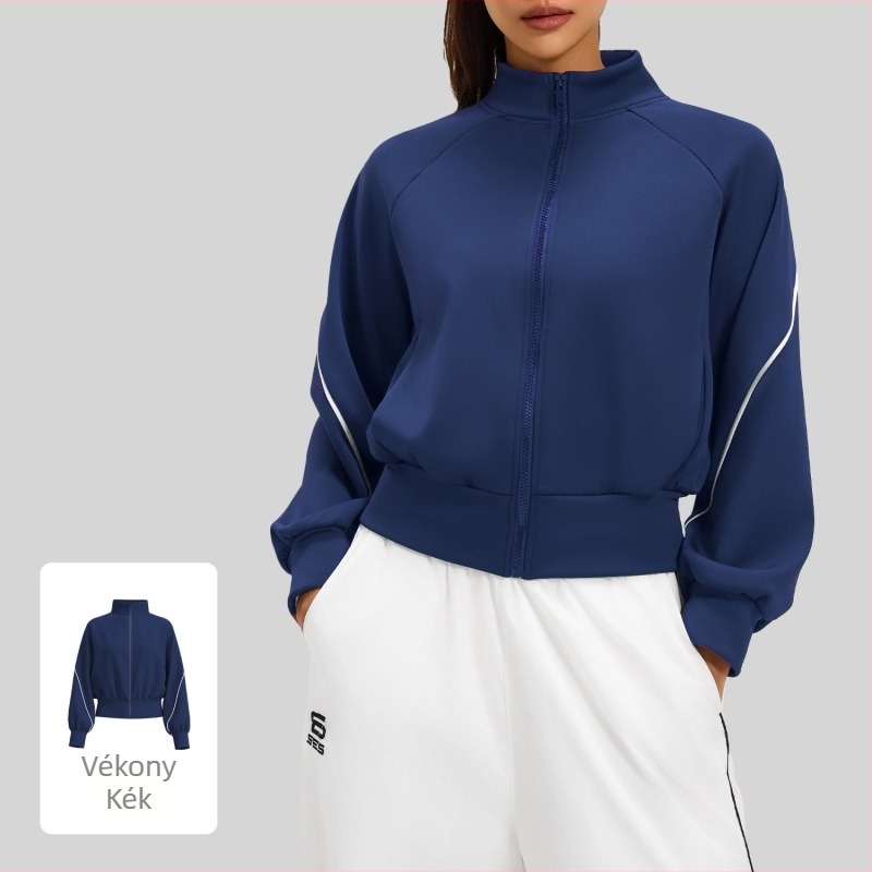 Női őszi-téli csíkos color-block külső kabát álló gallérral, vastag poliészter anyag, Peach Fleece bélés