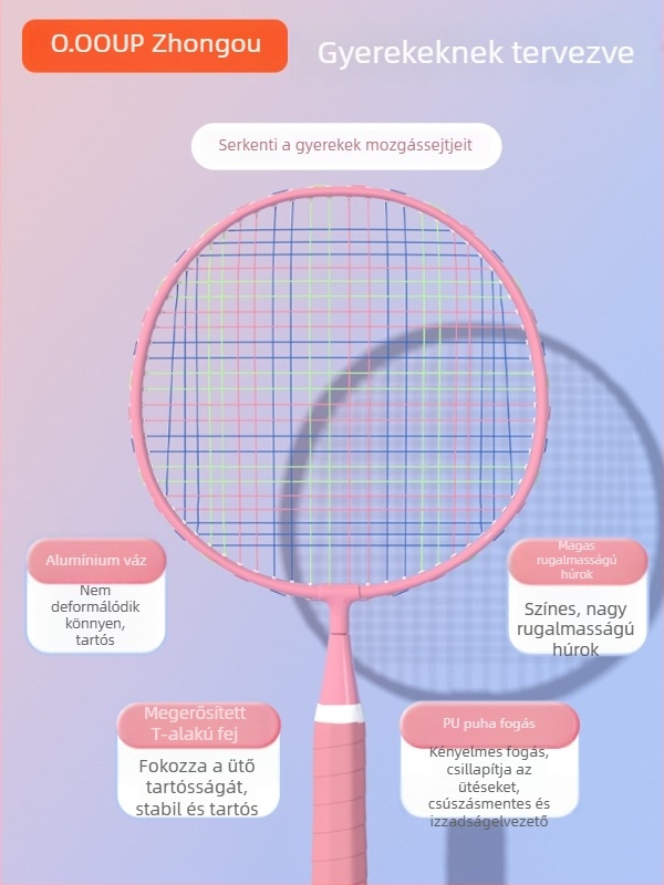 Gyerekeknek szóló tollasütő, keret vasötvözetből, tömeg 90–94 g, G2 markolat, egyenes típusú ütő