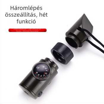 Kültéri 7‑in‑1 túlélő síp LED‑világítással, hőmérővel és iránytűvel