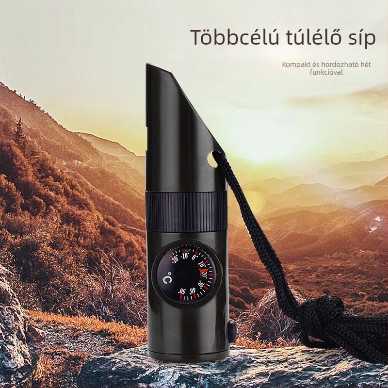 Kültéri 7‑in‑1 túlélő síp LED‑világítással, hőmérővel és iránytűvel