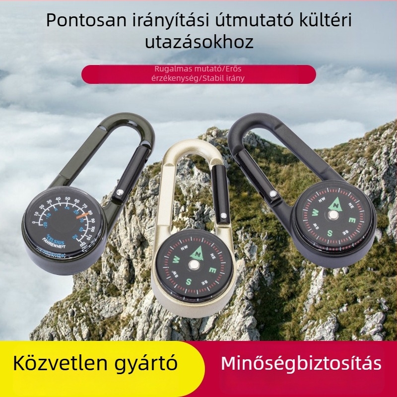 Kétoldalas iránytű cinkötvözetből, hőmérővel és karabinerrel