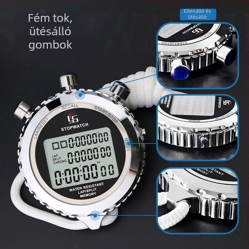 Elektronikus stopper/időzítő futáshoz pause funkcióval; rozsdamentes acél, vízálló, csúszásmentes, nyomtatott logó
