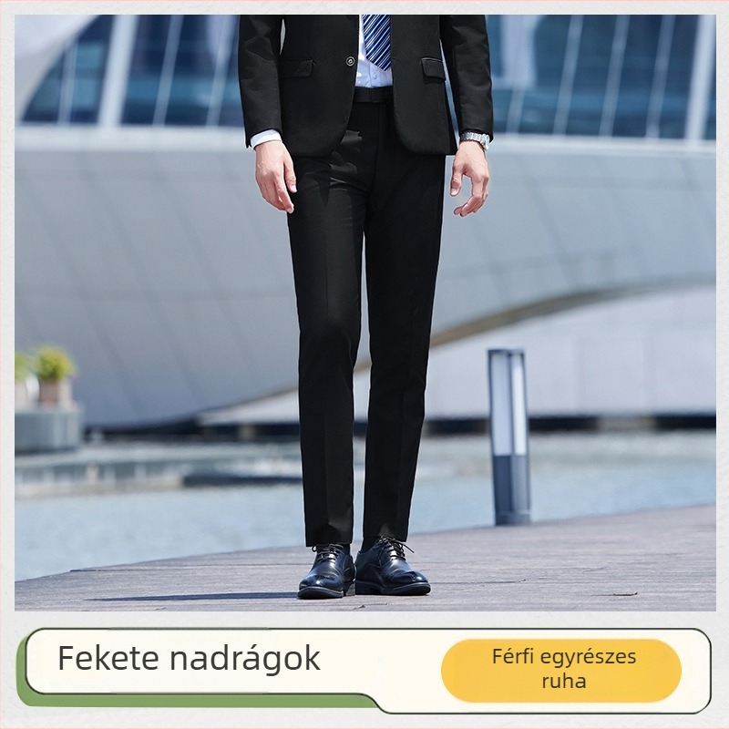 Üzleti nadrág, lazán szabott, négy évszakos poliészter-spandex keverék, egyenes szabás, férfiaknak