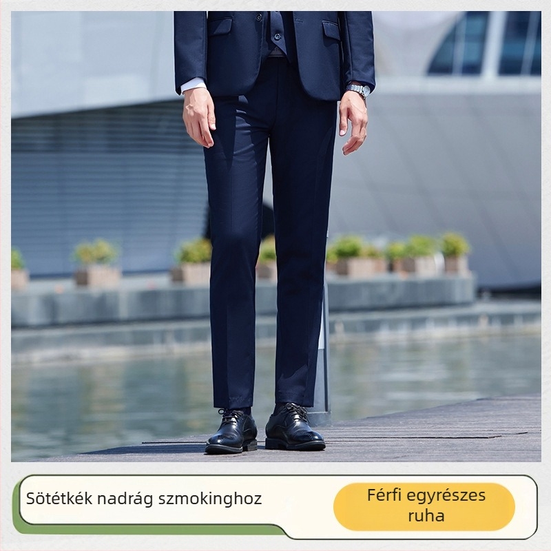 Üzleti nadrág, lazán szabott, négy évszakos poliészter-spandex keverék, egyenes szabás, férfiaknak