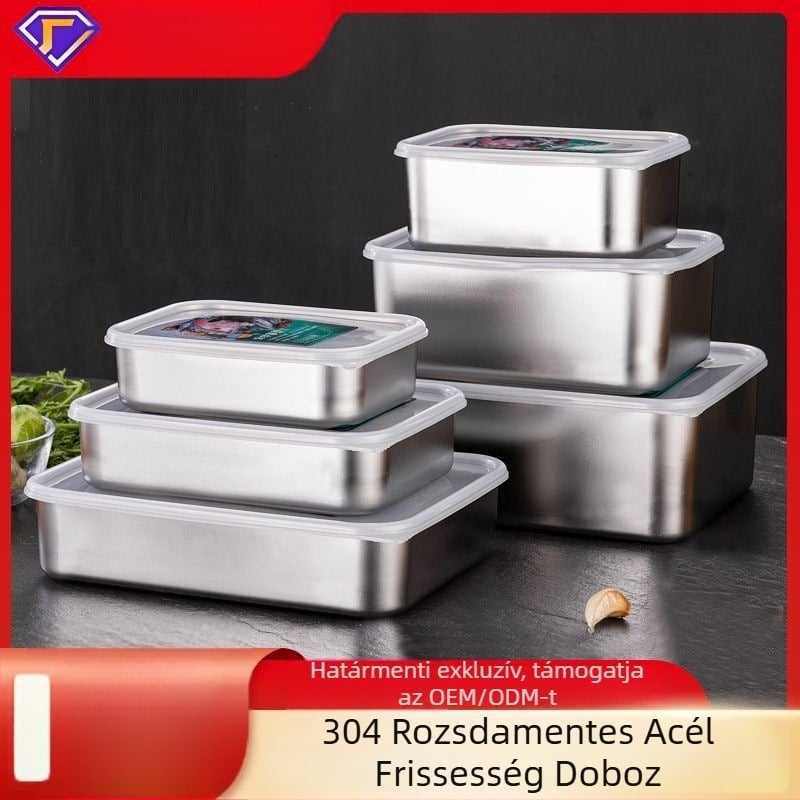 304-es rozsdamentes acél étel tároló doboz – ételminőség, téglalap alakú, zárt a frissesség megőrzésére, kapacitás 0,8–3 L.