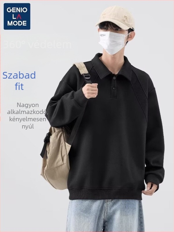 Tehersúlyú kínai pamut-poliészter polo felső kapucnival, dekonstrukciós patchwork, széles szabású, hosszú ujjú, tavasz-ősz