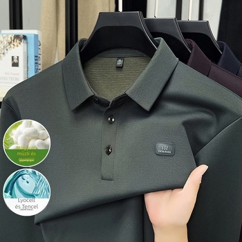 Férfi hosszú ujjú poloing, laza szabású; Mulberry selyem keverék anyag, poliészter/Lyocell/Spandex; lélegző, nedvességelvezető, tavasz-ősz