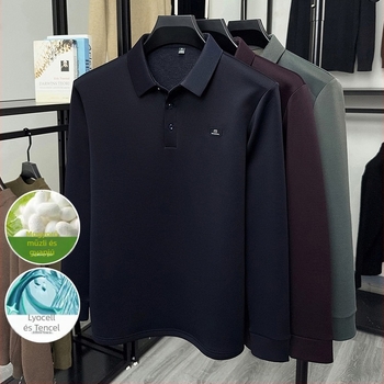 Férfi hosszú ujjú poloing, laza szabású; Mulberry selyem keverék anyag, poliészter/Lyocell/Spandex; lélegző, nedvességelvezető, tavasz-ősz
