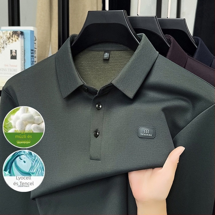 Férfi hosszú ujjú poloing, laza szabású; Mulberry selyem keverék anyag, poliészter/Lyocell/Spandex; lélegző, nedvességelvezető, tavasz-ősz