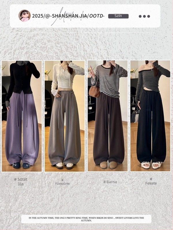 Női casual hosszú nadrág, magas derék, laza szabás, pamut-spandex keverék, japán/koreai casual stílus, őszi-téli 2025