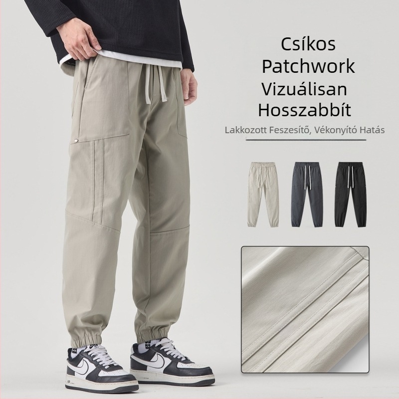 Patchwork csíkos munkaruházati nadrág, bokáig érő, laza szabású, középső derék, húzózsinóros zárás