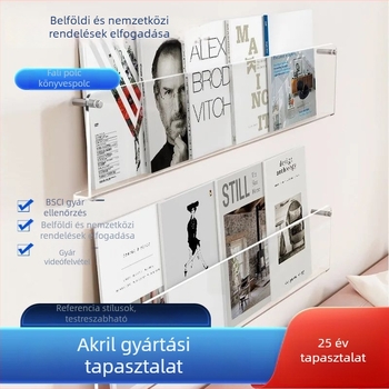 Falra szerelhető könyvespolc, átlátszó akrilból, fúrás nélkül, állítható polcokkal, könyvekhez