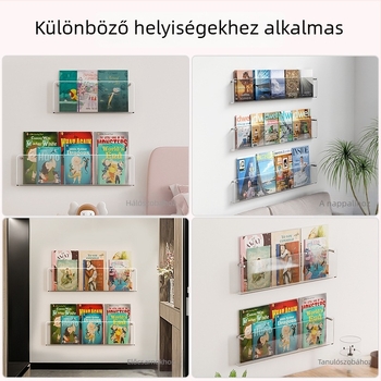 Falra szerelhető könyvespolc, átlátszó akrilból, fúrás nélkül, állítható polcokkal, könyvekhez