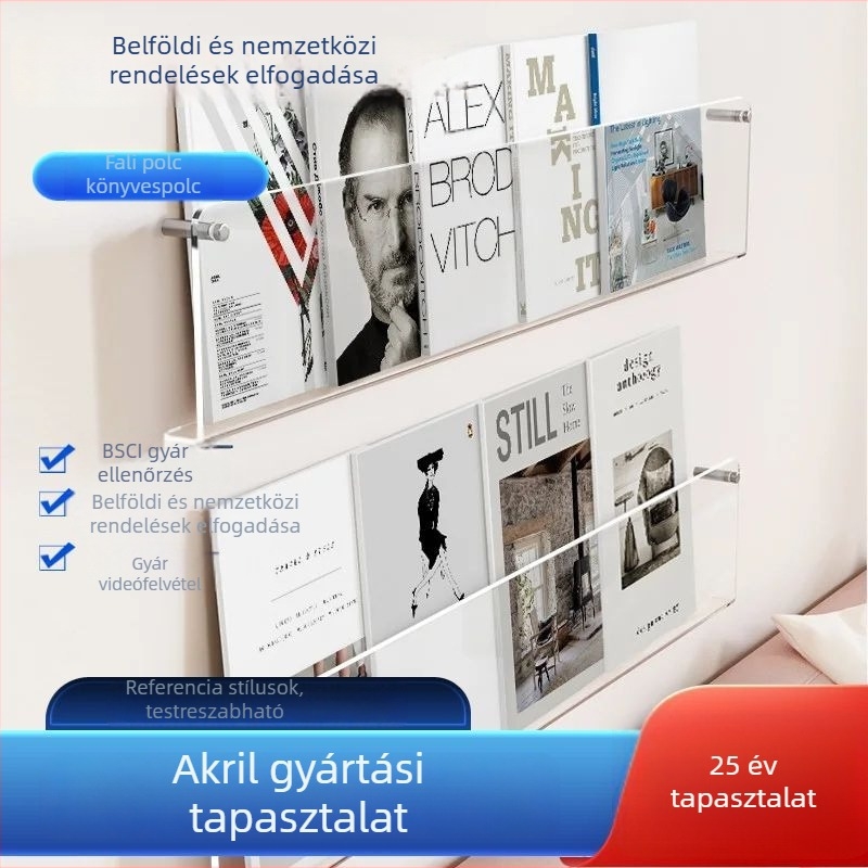 Falra szerelhető könyvespolc, átlátszó akrilból, fúrás nélkül, állítható polcokkal, könyvekhez