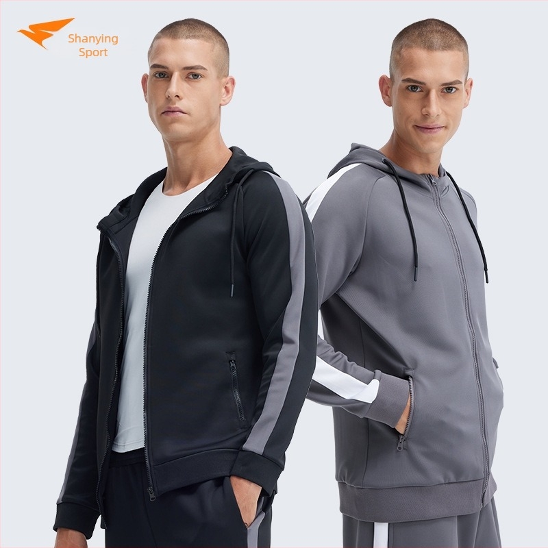 Férfi őszi-téli futó sportruházat, hosszú ujjú kapucnival, gyorsan száradó poliészter-elasztán keverék, vastag anyag