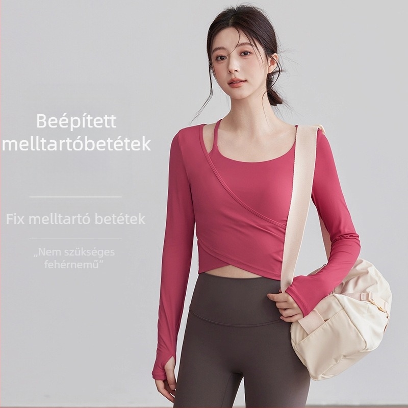 Női jóga felső beépített melltartóval, karcsú szabás, hosszú ujjú, derékig érő hossz, anyag: nylon 76% + spandex 24%, Pilates és fitnesz