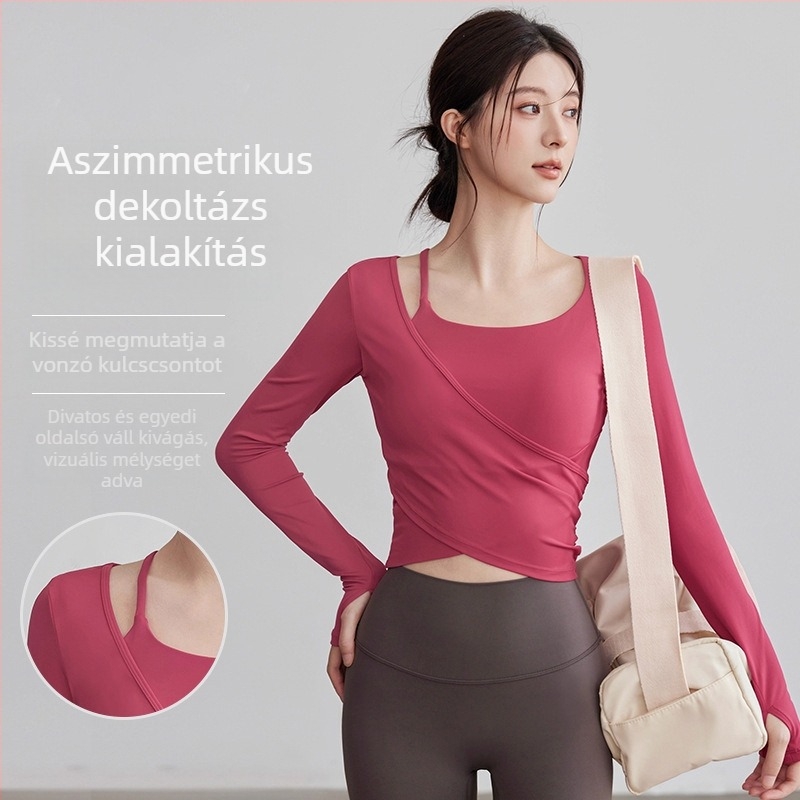 Női jóga felső beépített melltartóval, karcsú szabás, hosszú ujjú, derékig érő hossz, anyag: nylon 76% + spandex 24%, Pilates és fitnesz