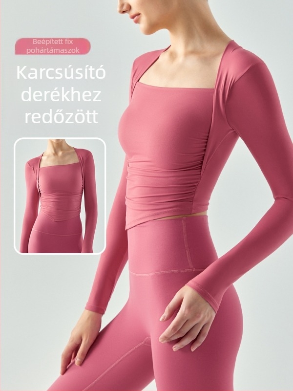Női hosszú ujjú jóga felső vízcsepp alakú kosárkával, plisírozott, karcsú szabású, lélegző nylon/spandek anyag (80/20) belső réteg spandex 20%