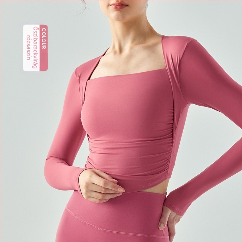 Női hosszú ujjú jóga felső vízcsepp alakú kosárkával, plisírozott, karcsú szabású, lélegző nylon/spandek anyag (80/20) belső réteg spandex 20%