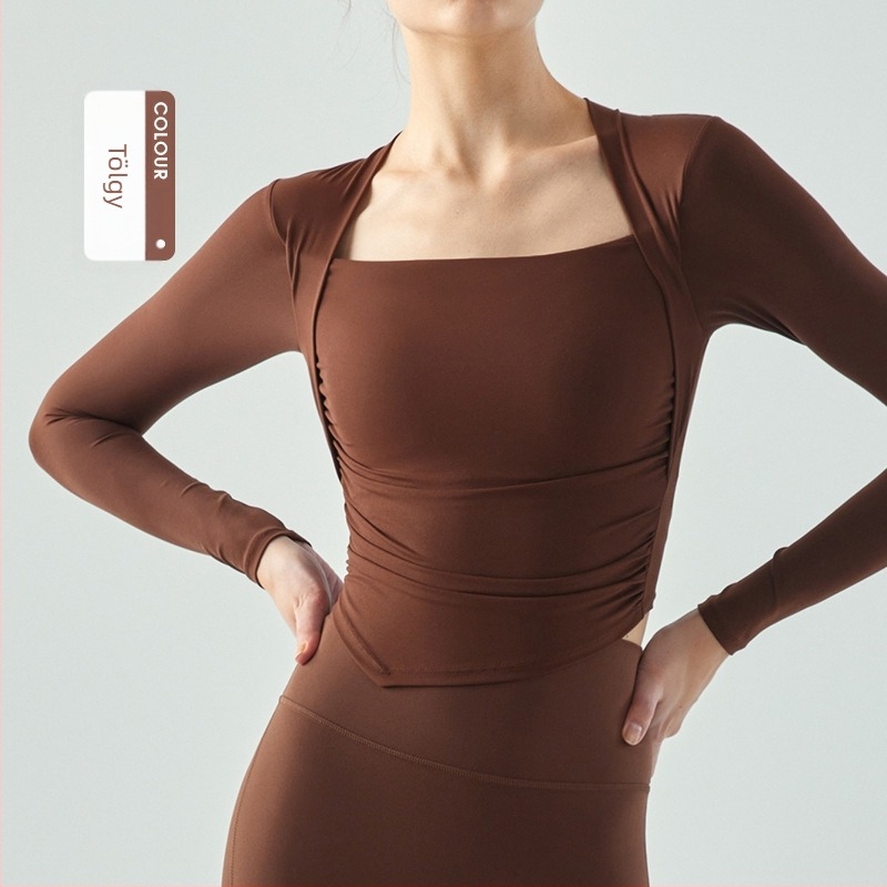 Női hosszú ujjú jóga felső vízcsepp alakú kosárkával, plisírozott, karcsú szabású, lélegző nylon/spandek anyag (80/20) belső réteg spandex 20%
