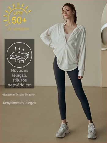 Női jóga-fitness kabát napvédelmi funkcióval, Nylon 85% és Spandex bélés 15%, egyszínű, egész éves külső ruházat futáshoz