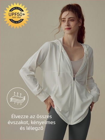 Női jóga-fitness kabát napvédelmi funkcióval, Nylon 85% és Spandex bélés 15%, egyszínű, egész éves külső ruházat futáshoz