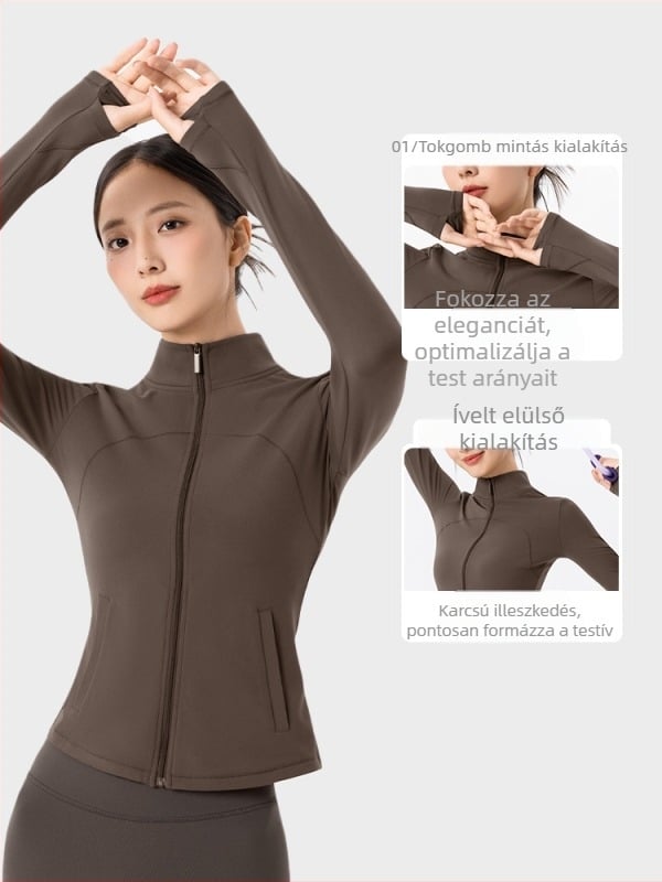 Női fleece sportos dzseki jóga ruházathoz, hosszú ujjú, karcsúsított szabás, álló galléros cipzáros kialakítás, hasig érő hossz, vastag melegítés