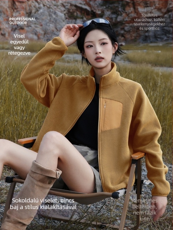 Női fleece kardigán magas gallérrel, téli/ősz külső ruházat, kapucni nélküli, fleece bélésű