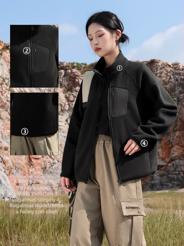 Női fleece kardigán magas gallérrel, téli/ősz külső ruházat, kapucni nélküli, fleece bélésű