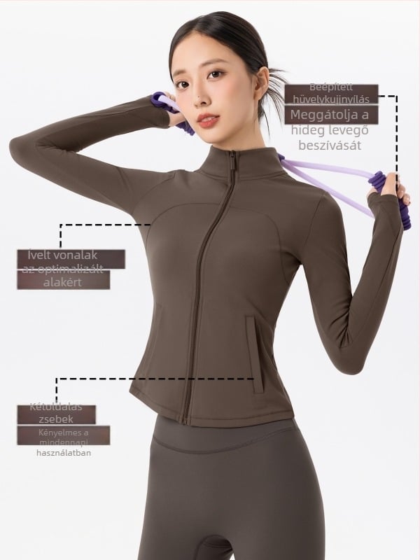 Jóga dzseki, karcsúsított fazon, hosszú ujjú, derékig érő hossz, meleg fleece, Cloud Feel dupla oldalú fleece, összetétel: 80% nylon, 20% spandex