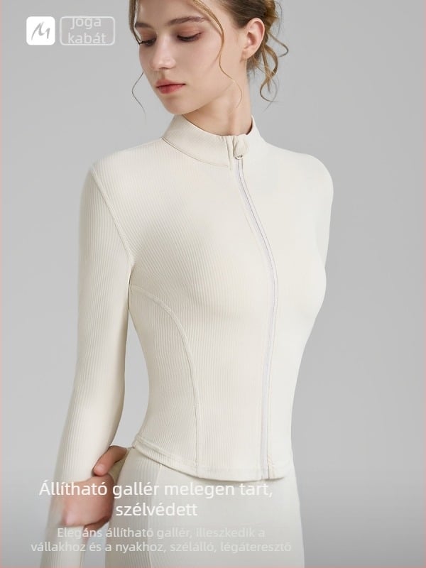 Női jóga dzseki, hosszú ujjú, csípőhossz, poliammid-spandex anyag, 75% nylon, 25% spandex, magas rugalmasság
