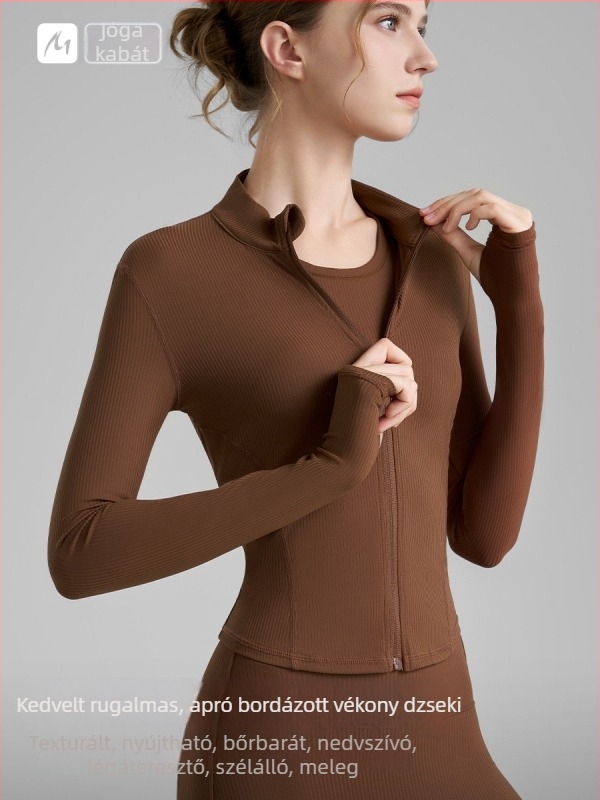 Női jóga dzseki, hosszú ujjú, csípőhossz, poliammid-spandex anyag, 75% nylon, 25% spandex, magas rugalmasság