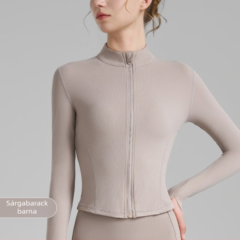 Női jóga dzseki, hosszú ujjú, csípőhossz, poliammid-spandex anyag, 75% nylon, 25% spandex, magas rugalmasság