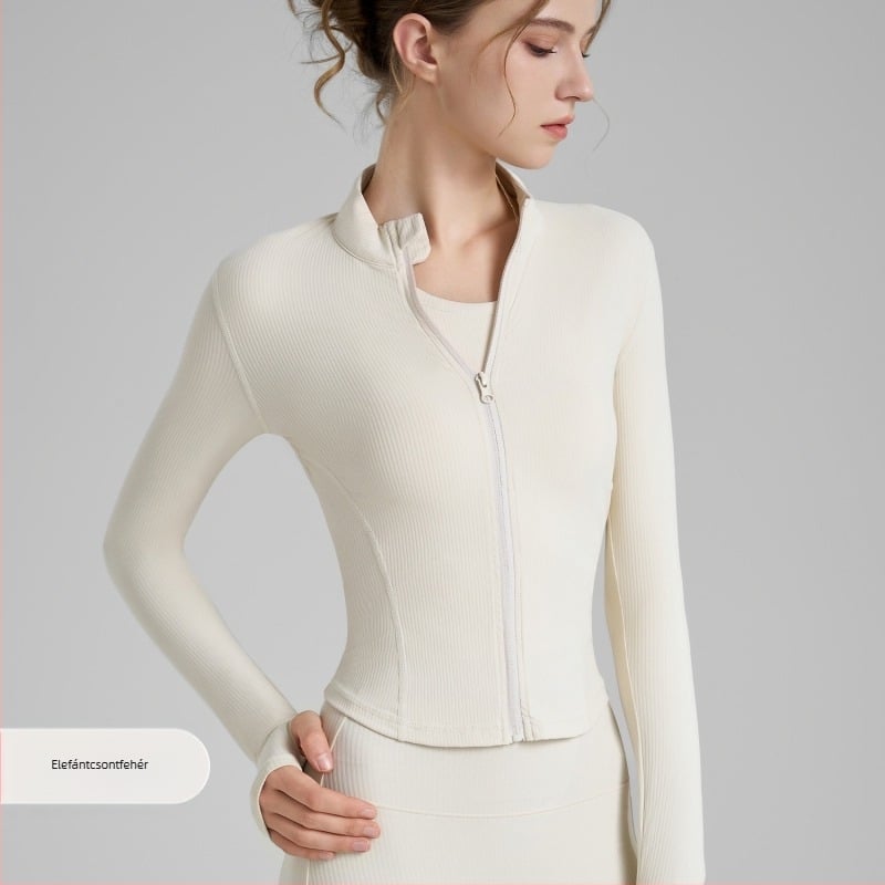 Női jóga dzseki, hosszú ujjú, csípőhossz, poliammid-spandex anyag, 75% nylon, 25% spandex, magas rugalmasság