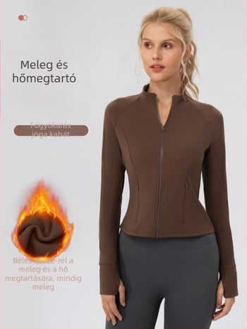 Női jóga külső felső cipzárral és állógallérral, fleece meleg, karcsú szabás, hosszú ujjú, csípőig érő, 75% nylon + 25% spandex