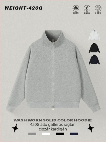 Kardigán álló gallérral, cipzárral, laza szabású, poliészter 51–70%.