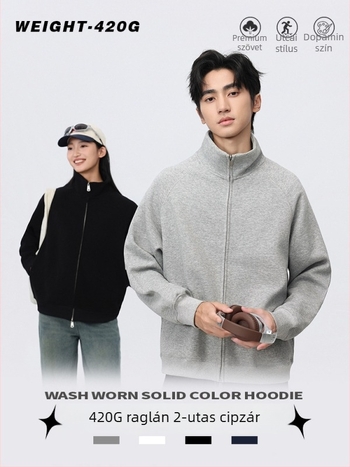 Kardigán álló gallérral, cipzárral, laza szabású, poliészter 51–70%.