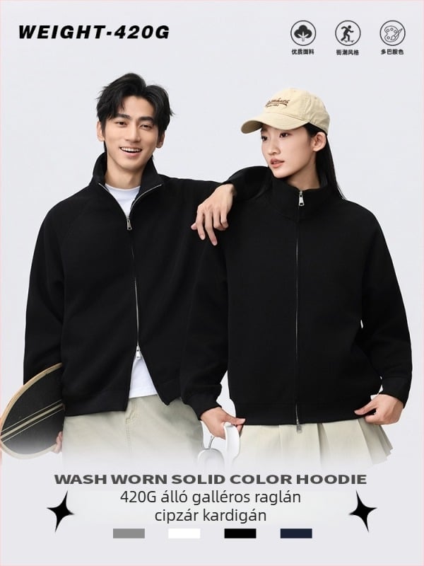 Kardigán álló gallérral, cipzárral, laza szabású, poliészter 51–70%.