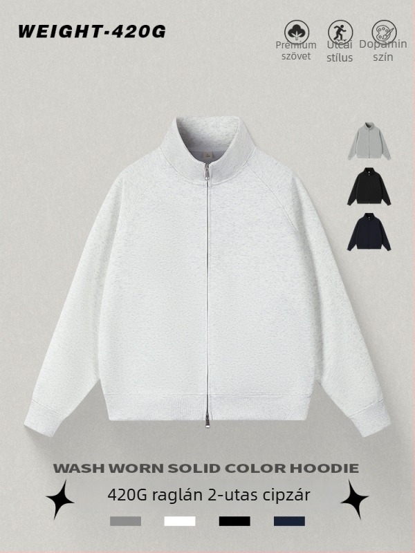 Kardigán álló gallérral, cipzárral, laza szabású, poliészter 51–70%.