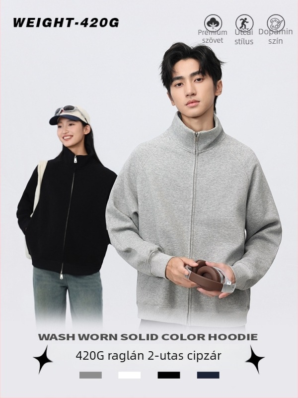 Kardigán álló gallérral, cipzárral, laza szabású, poliészter 51–70%.