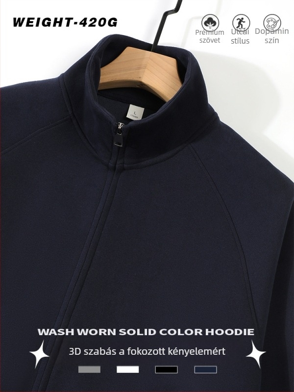 Kardigán álló gallérral, cipzárral, laza szabású, poliészter 51–70%.