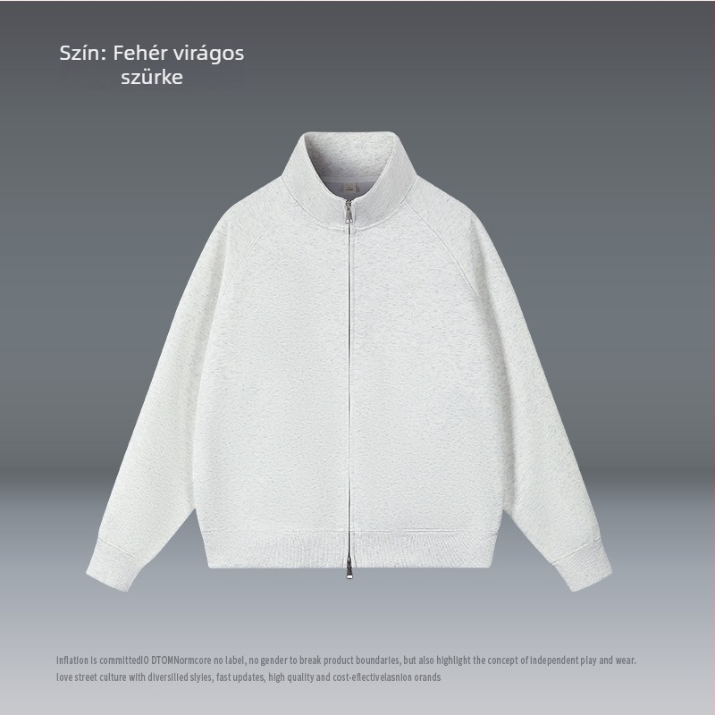 Kardigán álló gallérral, cipzárral, laza szabású, poliészter 51–70%.