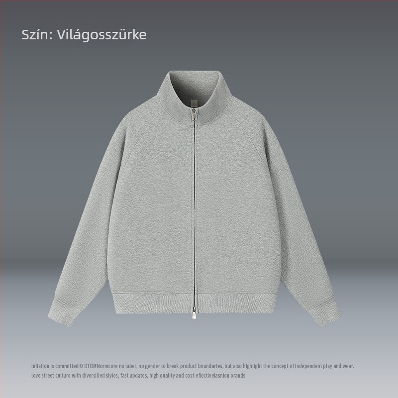 Kardigán álló gallérral, cipzárral, laza szabású, poliészter 51–70%.