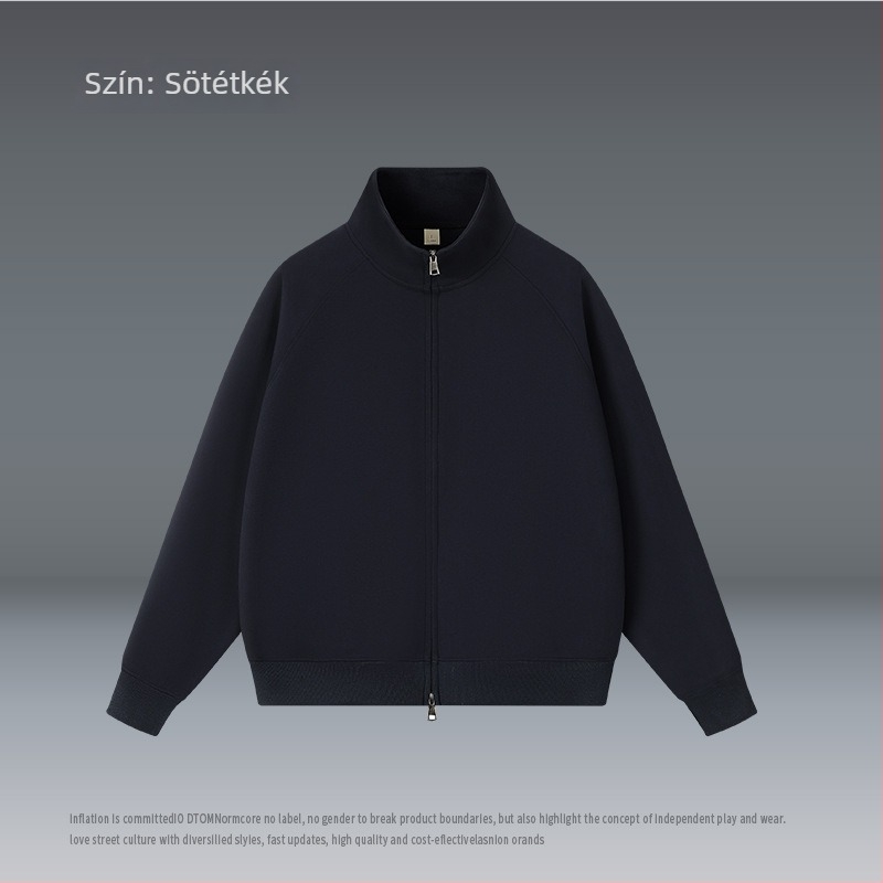 Kardigán álló gallérral, cipzárral, laza szabású, poliészter 51–70%.