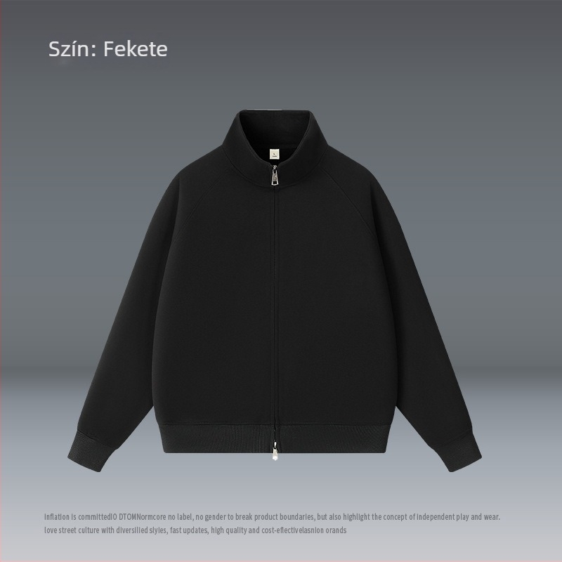 Kardigán álló gallérral, cipzárral, laza szabású, poliészter 51–70%.