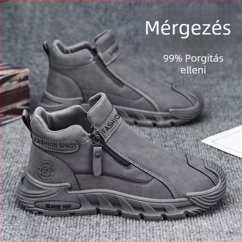 Férfi slip-on cipő, felső műbőr, gumis talp, középmagas szár, alacsony sarok 1-3 cm, lélegző őszre