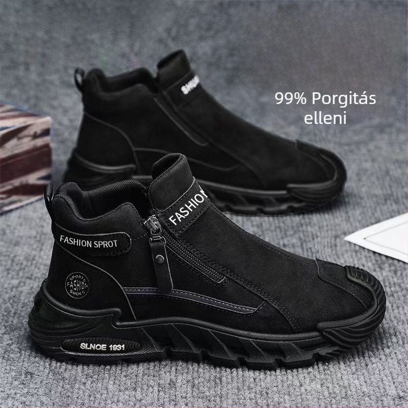 Férfi slip-on cipő, felső műbőr, gumis talp, középmagas szár, alacsony sarok 1-3 cm, lélegző őszre