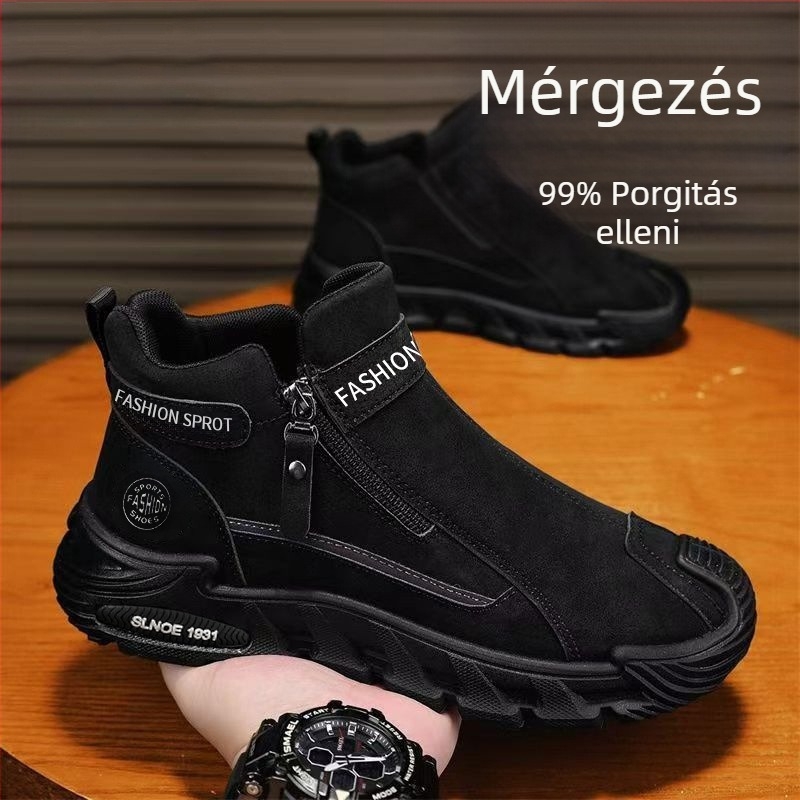 Férfi slip-on cipő, felső műbőr, gumis talp, középmagas szár, alacsony sarok 1-3 cm, lélegző őszre