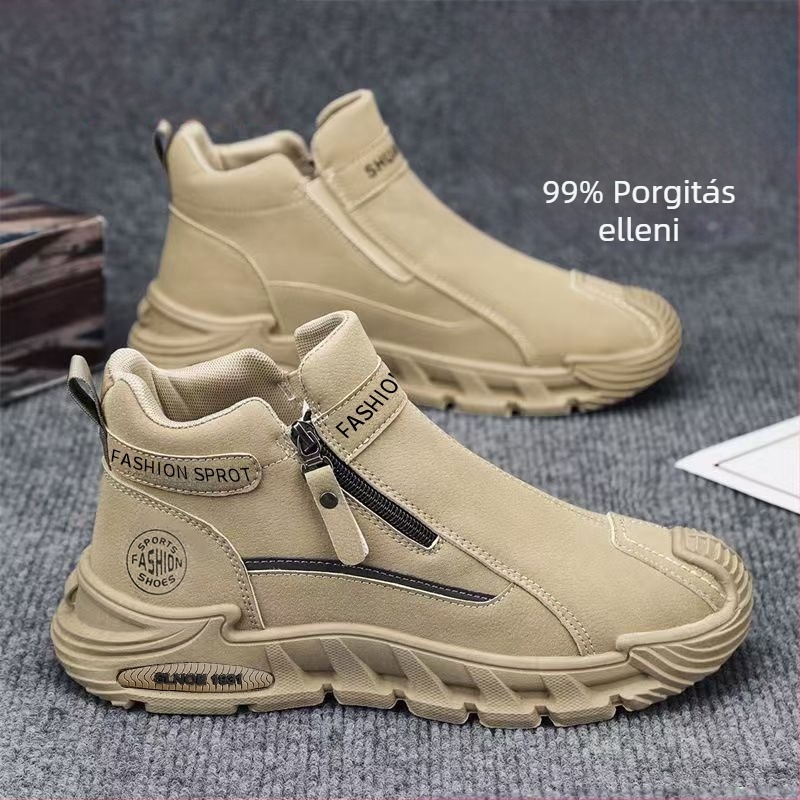 Férfi slip-on cipő, felső műbőr, gumis talp, középmagas szár, alacsony sarok 1-3 cm, lélegző őszre