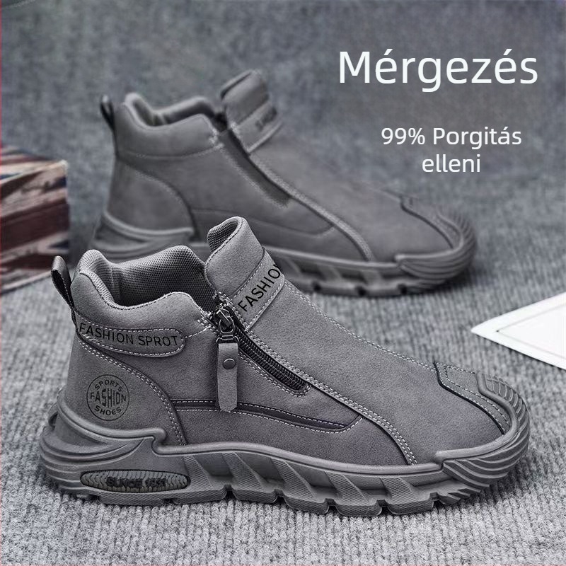 Férfi slip-on cipő, felső műbőr, gumis talp, középmagas szár, alacsony sarok 1-3 cm, lélegző őszre